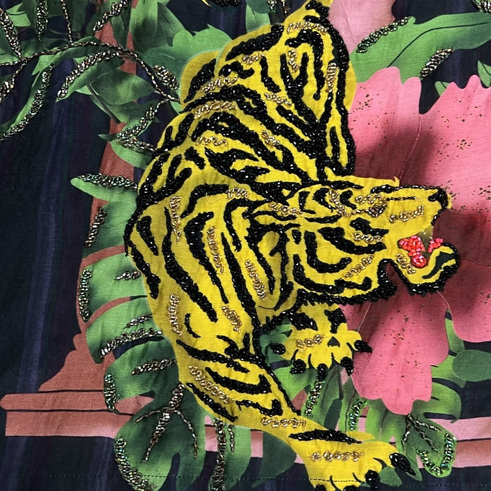 RARE Verandah Hand Beaded Panel Forest Stripe Tiger Kimono Tassels Kaftan Boho M - Picture 14 of 15